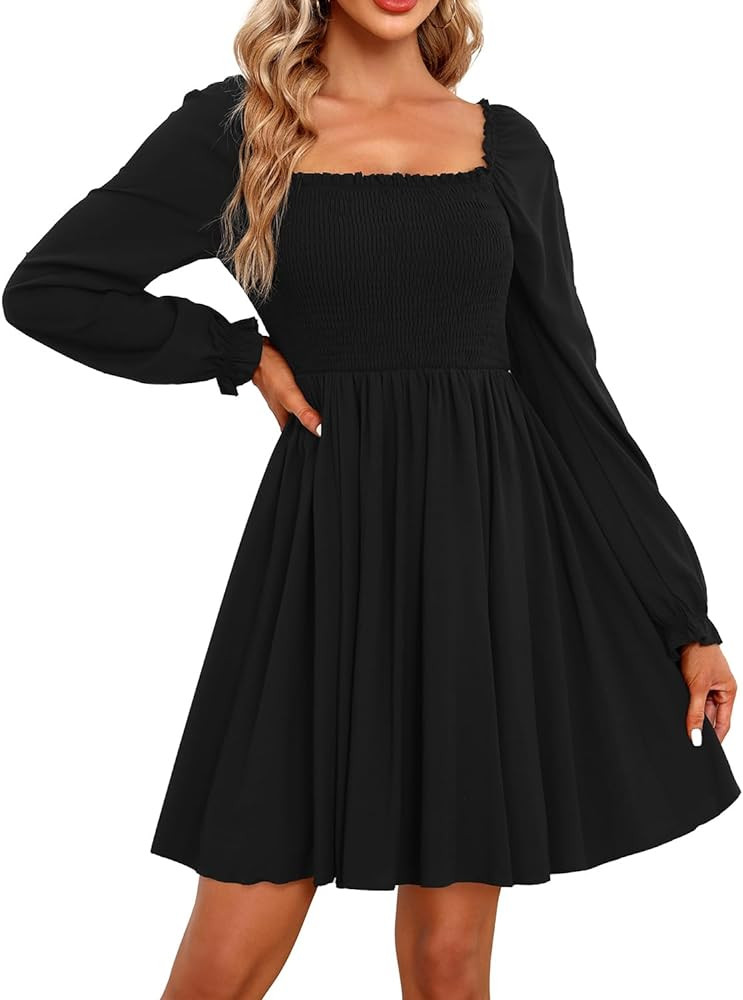 Holipick Women's Casual Square Neck Smocked Dress Shirred Ruffle Puff Sleeve High Waist Cute Flow... | Amazon (US)