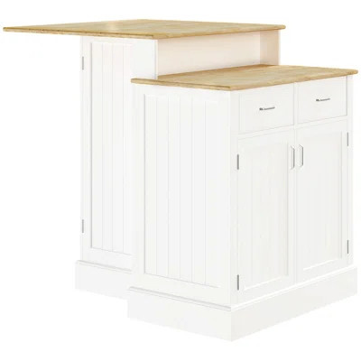 Kitchen Island With Storage Cabinet And 2-Level Rubber Wood Tabletop, Island Table With Adjustable Shelves And Drawers, White | Wayfair North America