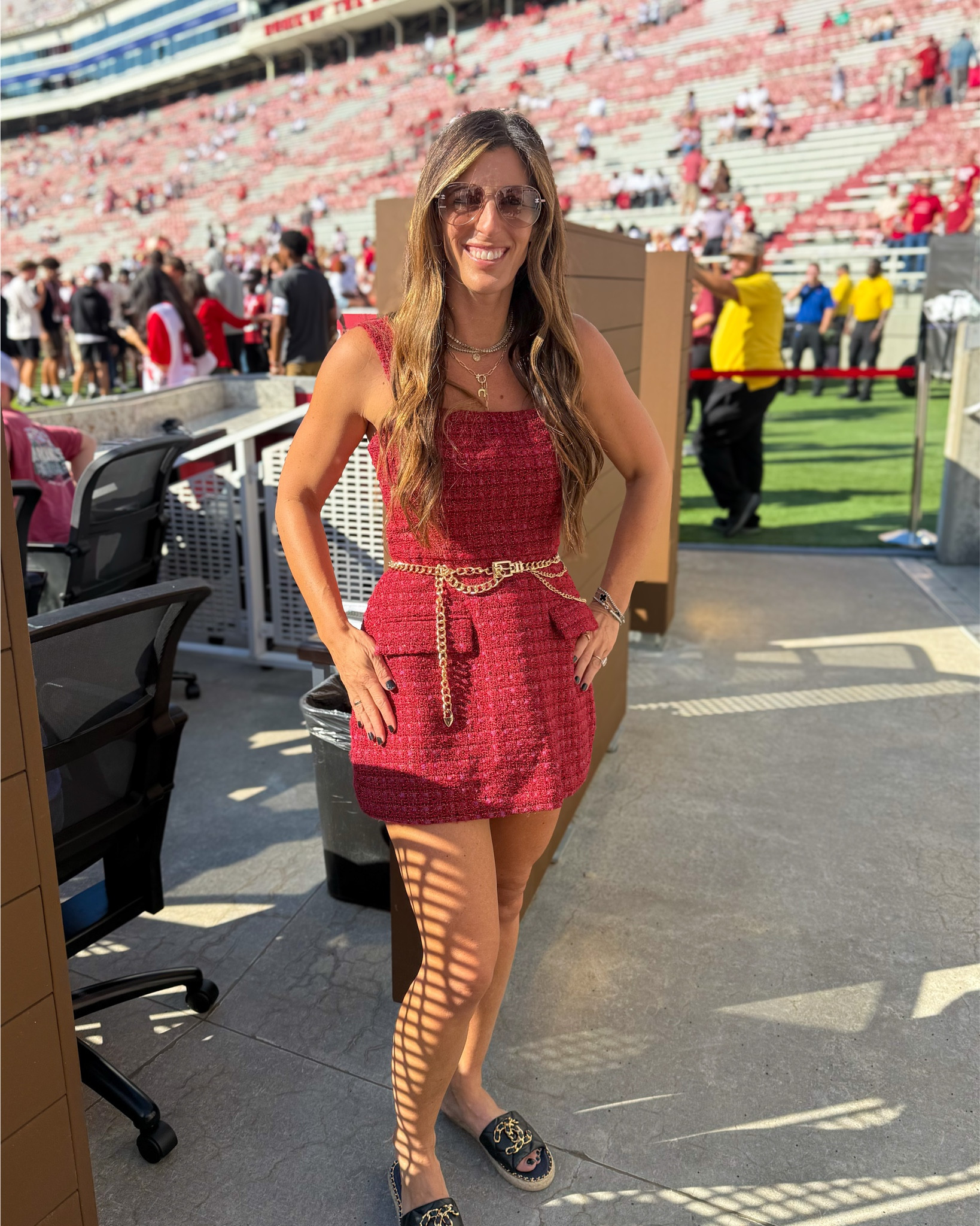 Razorback Gameday 
The result on the field wasn’t what we hoped for, but nothing can dampen the fun when your bestie comes to town! Game day is always better when you get to twin and cheer together at Razorback Stadium 🐗❤️ #WooPig #Razorbacks #GameDayStyle #BestieVibes #TwinStyle #FootballFashion #RazorbackNation #CollegeGameDay #OOTD #StadiumStyle

Outfit Details:
We both rocked chic matching red tweed mini dresses—perfect Razorback game day spirit wear! Each dress features a structured square neckline and front pockets for a sleek yet functional touch. One look was styled with a gold chain belt for added detail, while the other kept it classic and streamlined. Both were paired with black espadrille slide sandals embellished with gold chain accents, plus layered gold jewelry and oversized sunglasses for that polished, coordinated bestie vibe.

#LTKTravel #LTKSeasonal #LTKOver40