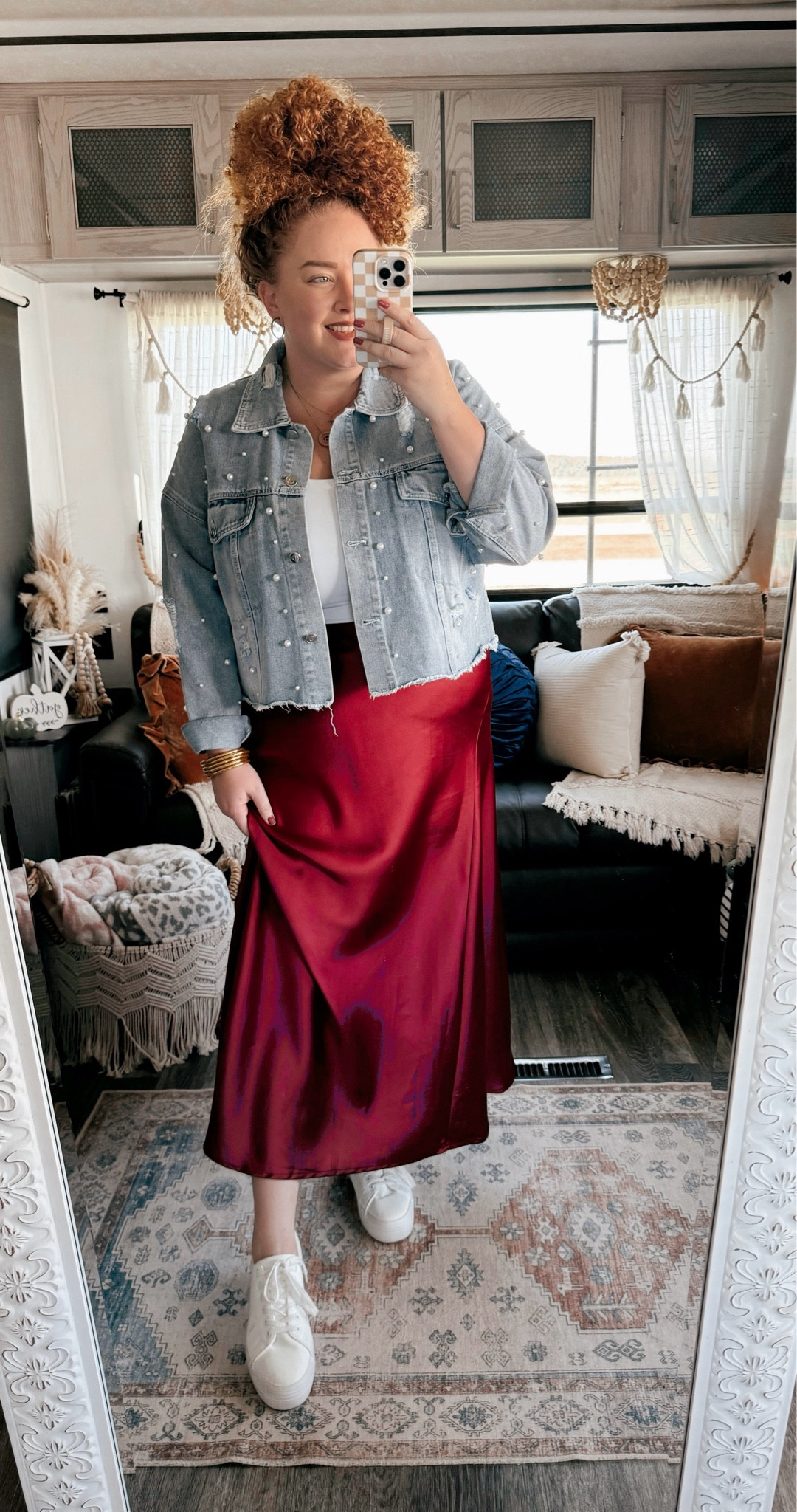 This skirt is a great holiday find ♥️Amazon denim jacket  | pearl denim jacket  | tank top  | Amazon tank top | skirt | silk skirt | red silk skirt | amazon skirt | amazon silk skirt  | sneakers | amazon sneakers | holiday outfit  | amazon fashion | amazon finds | amazon look | amazon outfit | fall outfit | fall look | fall fashion | fall finds | fall outfit inspo | fall fashion inspo | fall 2024 | holiday event outfit | holiday outfit 2024 

#LTKStyleTip #LTKSeasonal #LTKMidsize