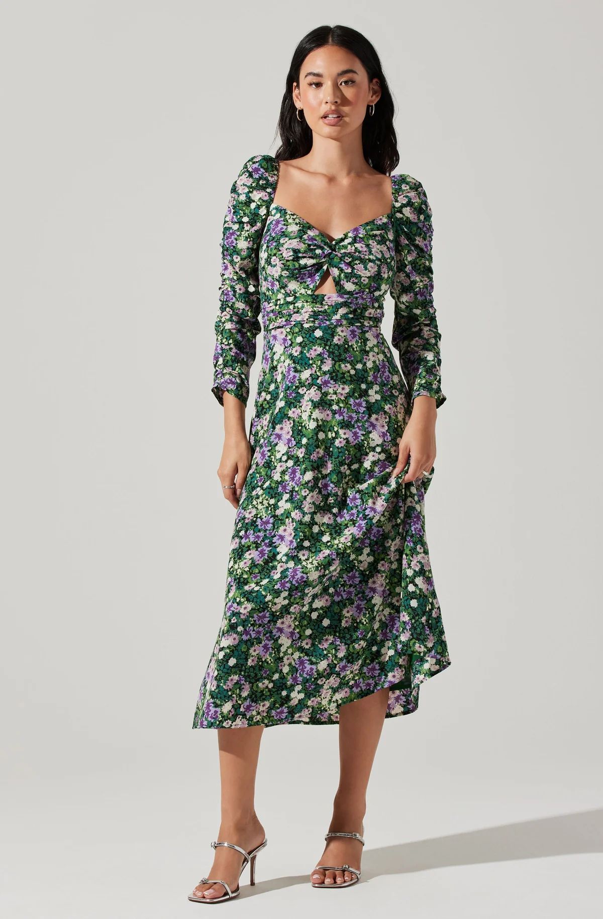 Floral Long Sleeve Twist Keyhole Front Midi Dress | ASTR The Label (US)