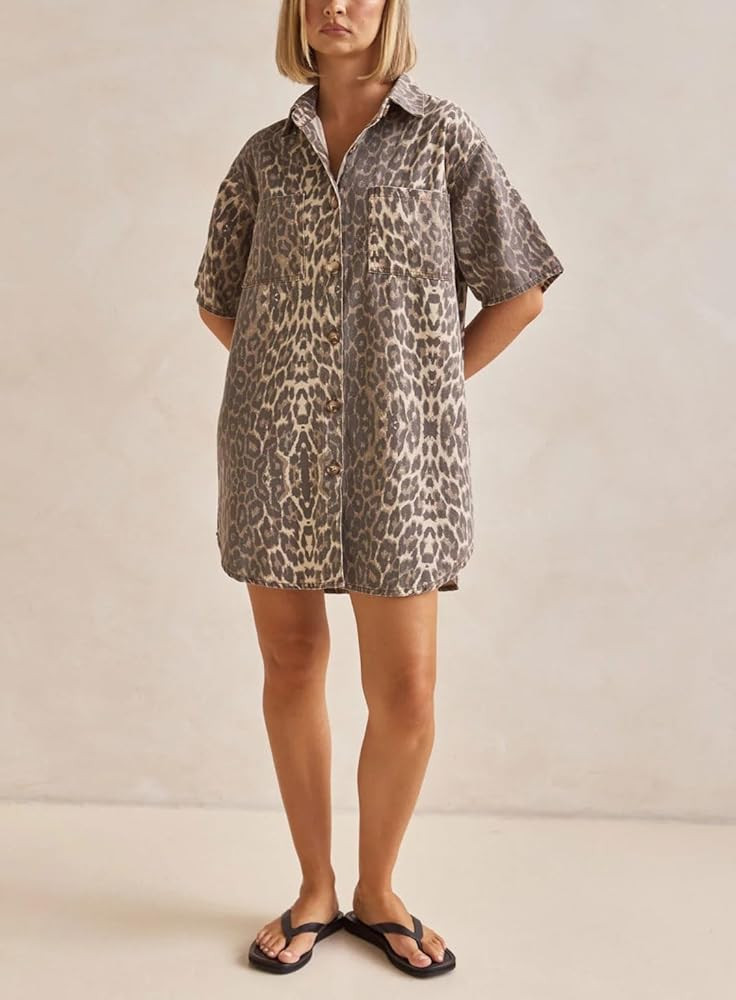 chouyatou Women's Vintage Leopard Denim Button Down Shirt Dress Casual Short Sleeve Distressed Je... | Amazon (US)