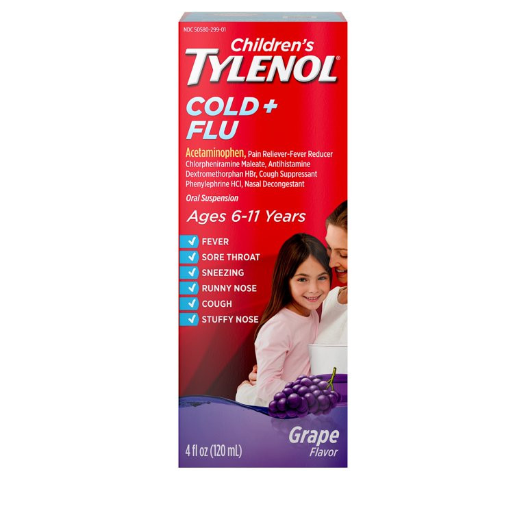 Children's Tylenol Cold & Flu Liquid Oral Suspension, Grape, 4 fl. oz | Walmart (US)