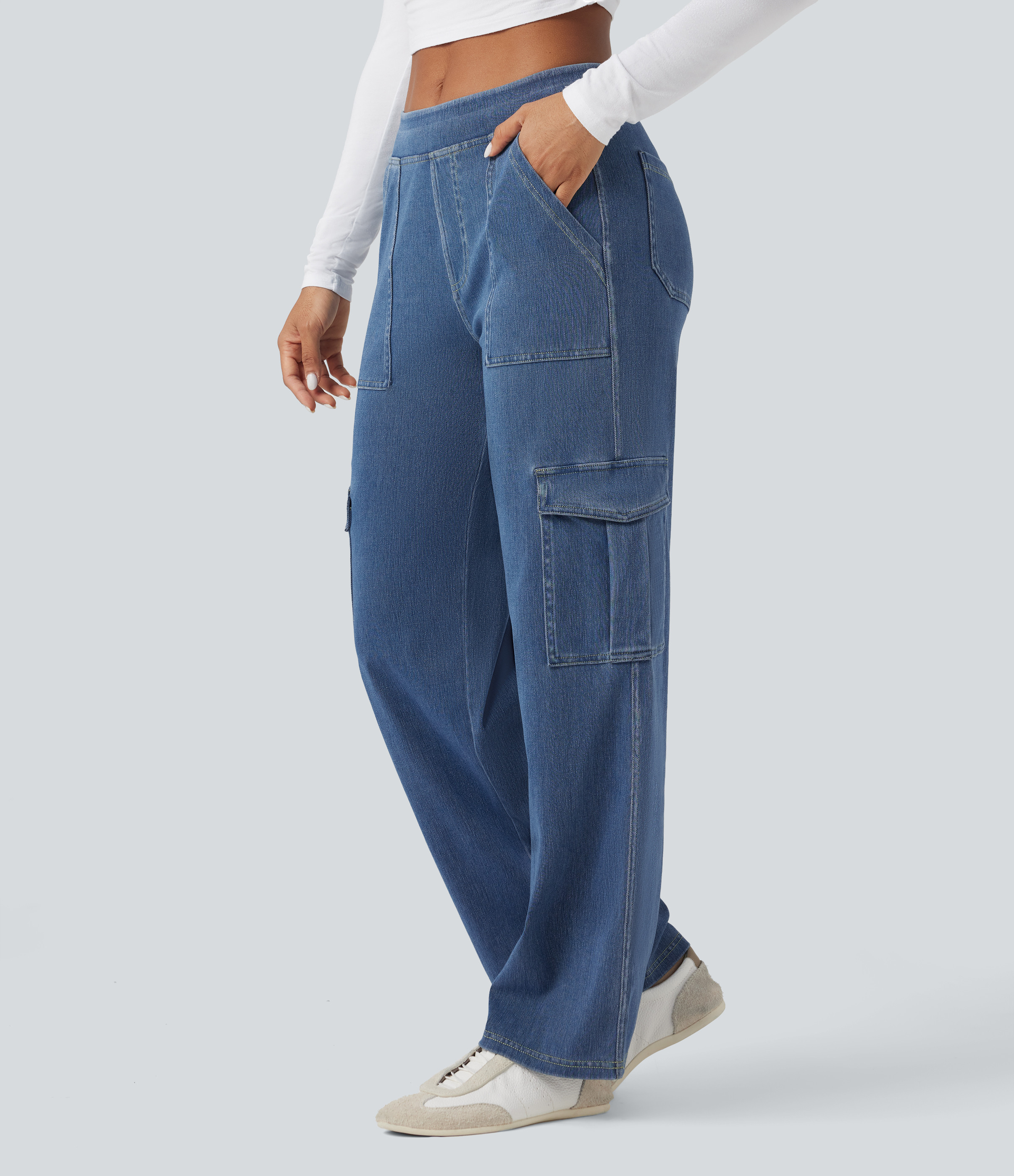Halara Halara Flex™ Mid Rise Pockets Straight Leg Casual Cargo Jeans - Light Floral Blue Denim - M(tall) | HALARA