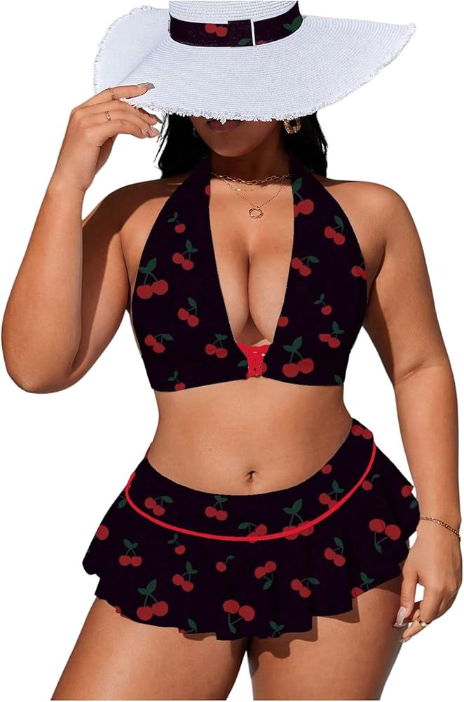 Floerns Women's Plus Size Cherry Halter Bikini Set Layered Hem Skirts Bathing Suit | Amazon (US)