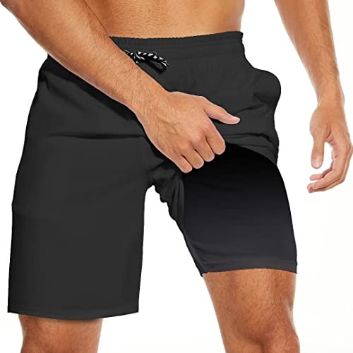 Black Men's Swim Trunks with Compression Liner Bathing Suits Mens Board Shorts with Boxer Brief Liner 7 Inch Inseam | Amazon (US)
