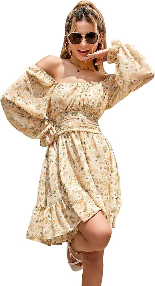 EXLURA Women Tie Back Summer Dresses Long Lantern Sleeve Square Neck Ruffle Elastic Waist Aline C... | Amazon (US)