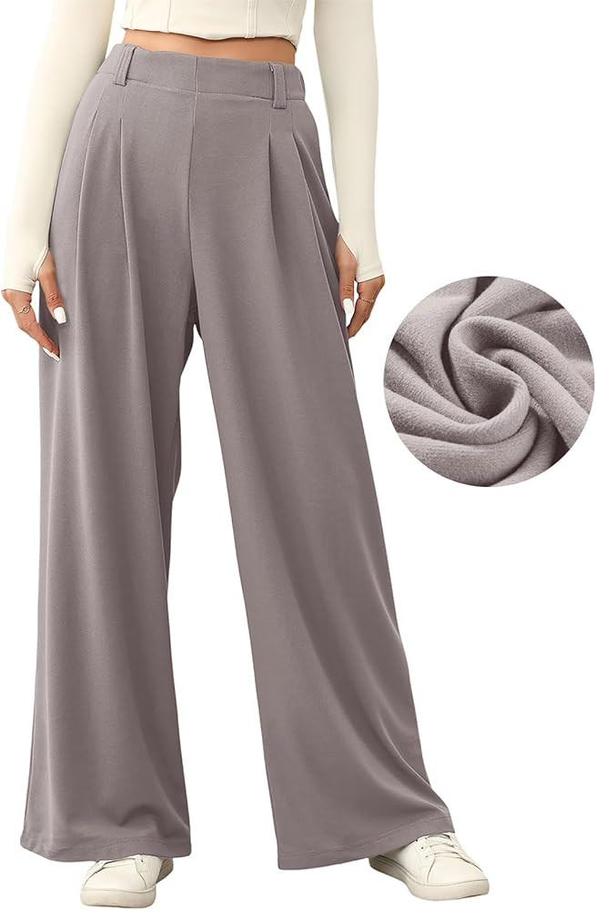 EVALESS Wide Leg Pants for Women Elastic High Waisted Waffle Knit Fleece Palazzo Pants Trousers w... | Amazon (US)