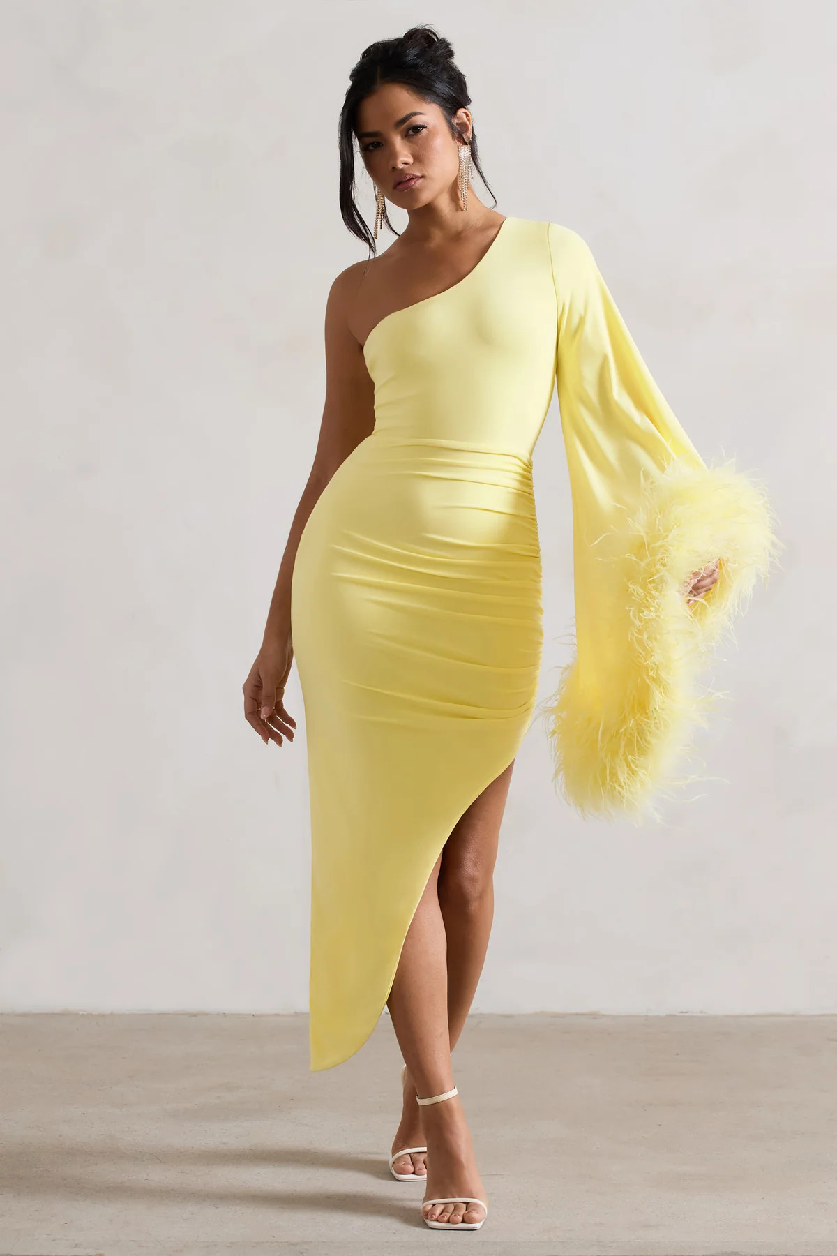 July | Lemon Asymmetric One Shoulder Cape Midi Dress With Feathers | Club L London