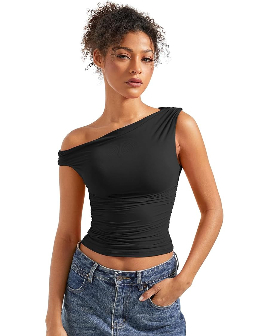 SUUKSESS Women Off Shoulder Tops Sleeveless Shirts Y2K Going Out Crop Tank Top | Amazon (US)