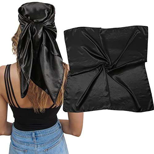 AWAYTR 35" Large Square Satin Head Scarf - Silk Hair Scarf Square Hair Bandanas Large Scarf Sleeping Head Wraps for Women (Black) | Amazon (US)