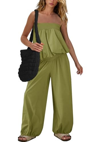 SENSERISE Pants Sets Women 2 Piece Outfits Bubble Off Shoulder Strapless Tube Top Wide Leg Pants Cute Summer Sets(Army Green,XS) | Amazon (US)