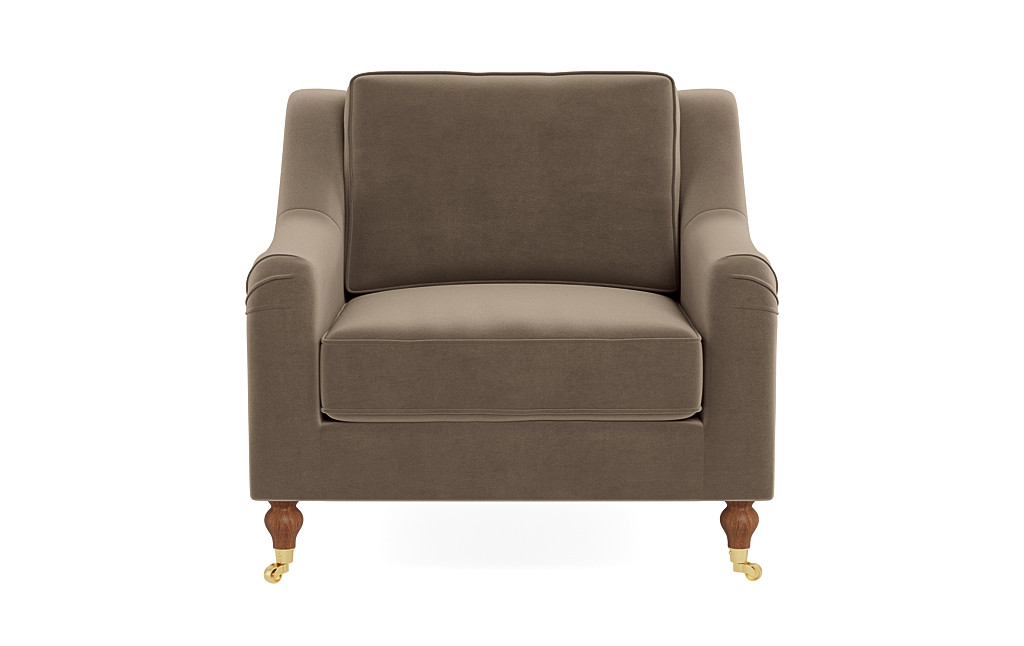 Alexander Custom Accent Chair in Mink Performance Plush Velvet, Oiled Walnut with Brass Caster - Customize Color, Size & More | Interior Define