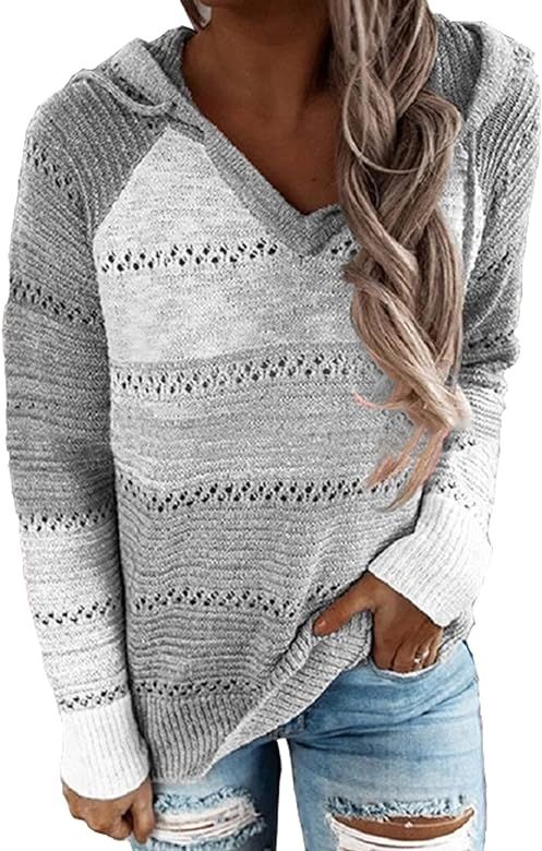 Zcfire Women's Lightweight Color Block Knit Hoodies Sweaters Loose Long Sleeve V Neck Drawstring Pul | Amazon (US)