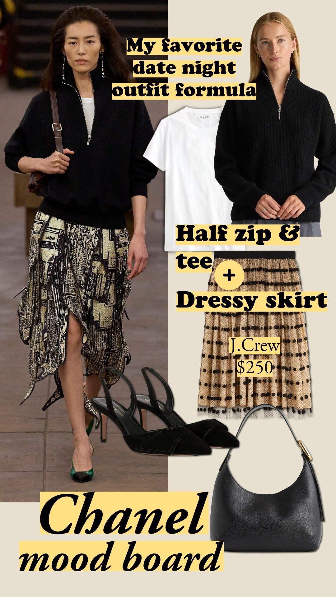 Chanel’s genius styling for date nights: a black half zip with a white tee, paired with a dressy skirt. It makes the skirt more special by contrast, and who’s gonna argue with a warm, cuddly sweater for date night? 🖤🤍Chanel, going out outfit, J.Crew, Quince, cashmere, fisherman sweater, white tee shirt, wardrobe staples, winter party outfit, holiday outfit


#LTKSeasonal #LTKHoliday #LTKFindsUnder100