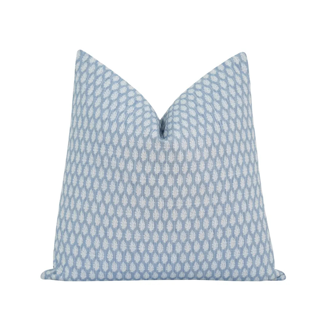 Blue Decorative Pillow Cover • White Small Scale Leaf Print • Handmade Accent Pillow for Sofa... | Etsy (US)