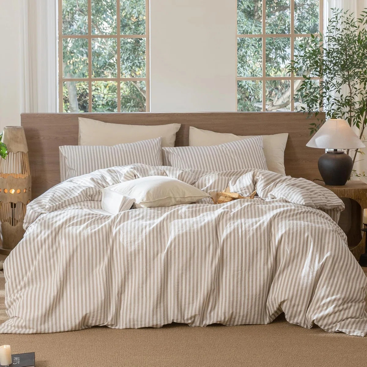 Linen Cotton Striped Beige White Cotton Linen Set With Zipper | Wayfair North America