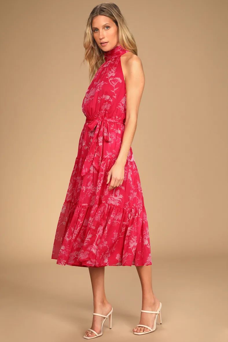 Float to You Hot Pink Floral Print Halter-Neck Tiered Midi Dress | Lulus (US)