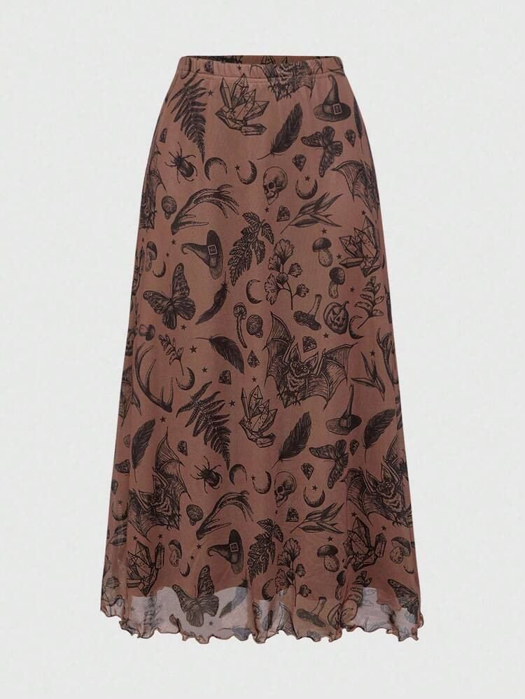 ROMWE Fairycore Women's Dark Gothic Bat, Skull, Moon, Pumpkin Print A-Line Punk Mini Skirt | SHEIN