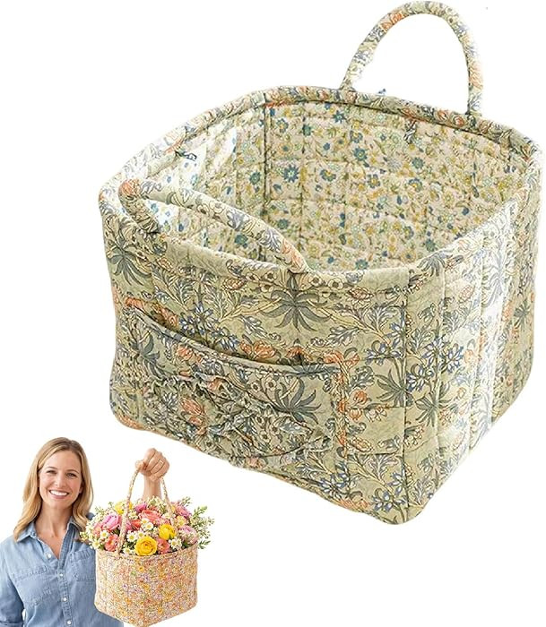 Quilted Fabric Quilted Tote with Handles,Floral Car Basket,13 * 11 * 10 in Foldable Fabric Organi... | Amazon (US)