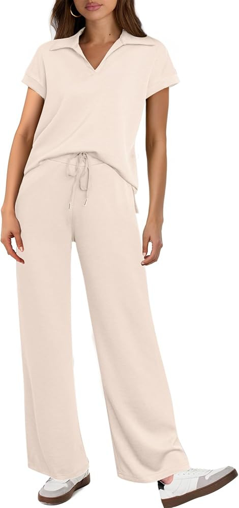 Glamaker Womens 2 Piece Summer Outfit Lounge Set Cap Sleeve Polo Top And Pant Set Tracksuit Trave... | Amazon (US)