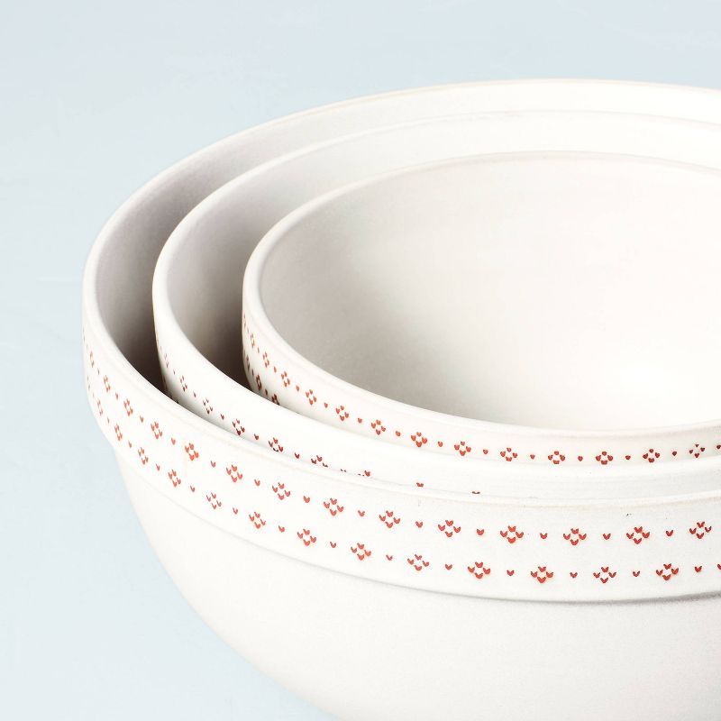3pc Embossed Fleck Trim Stoneware Mixing Bowl Set Red/Cream - Hearth & Hand™ with Magnolia | Target