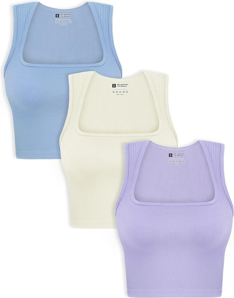 OLCHEE Womens 3 Pack Crop Tank Tops Seamless Ribbed Square Neck Tapered Shoulder Strap Sleeveless... | Amazon (US)