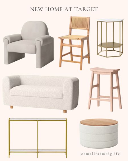 New home styles at Target. Living room. Dining room. Tan velvet sculptural accent chair. Natural wood counter height barstool. Cream faux shearling fully upholstered storage bench. Cream boucle tray top upholstered storage ottoman. Ceylon woven counter height barstool. Brass finish geometric luxe hex accent table. Faux marble and gold metal console table  

#LTKStyleTip #LTKHome