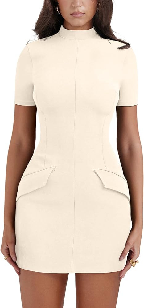 YMDUCH Women's Short Sleeve Mock Turtle Neck Bodycon Mini Tank Short Party Dress | Amazon (US)