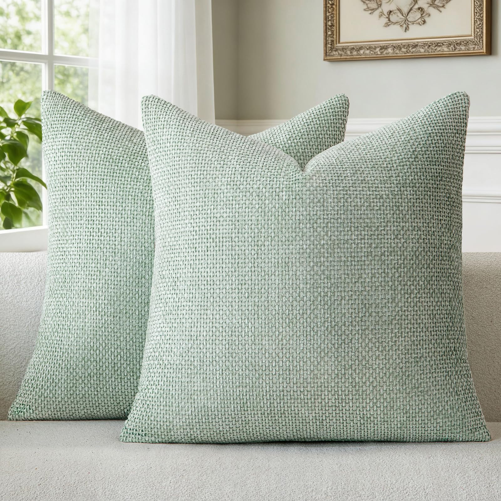 a moment Light Green Chenille Throw Pillow Covers 20x20 Inch Pack of 2 Modern Decorative Throw Pi... | Amazon (US)