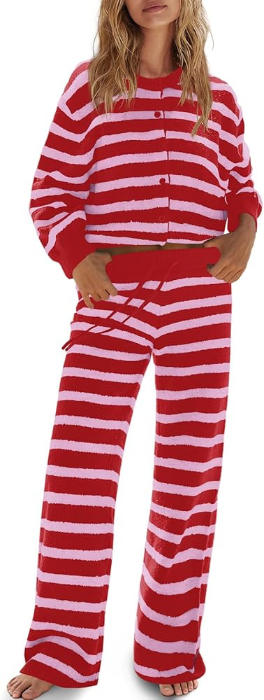 Panadila Women Striped Sweater Sets 2 Piece Lounge Set Oversized Cardigan and Wide Leg Pants Matc... | Amazon (US)