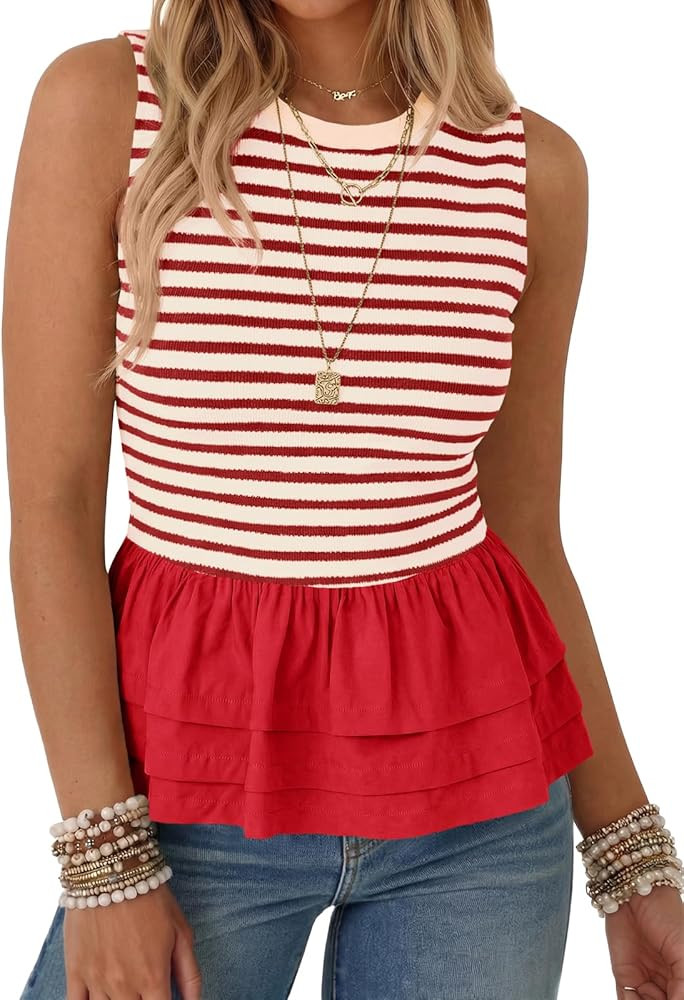 Tankaneo Womens Summer Striped Peplum Tank Tops Casual Crew Neck Sleeveless Shirts Color Block Lo... | Amazon (US)