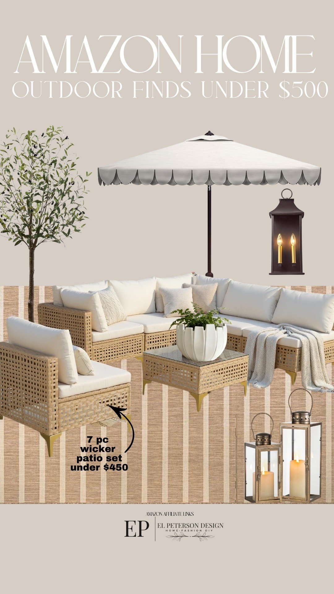 Amazon 
Outdoor umbrella
Outdoor lantern
Floor lantern
Patio set 
Faux olive tree
Planter 

#LTKHome