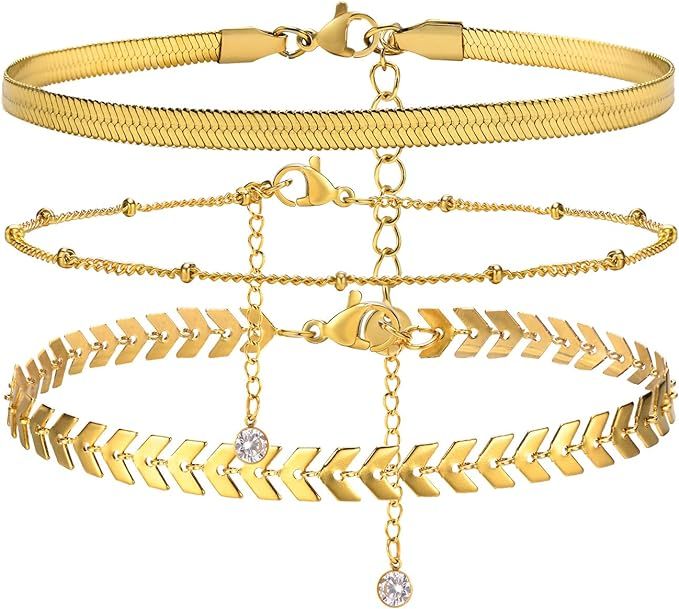 Women Gold Chain Anklet Bracelet : Stylish 18K Gold Plated Stainless Steel Minimalist Boho Style ... | Amazon (US)