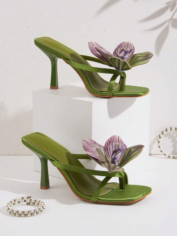 Spring/Summer Travel & Beach Green Satin Flower Decor Open Toe Stiletto High Heel Sandals | SHEIN
