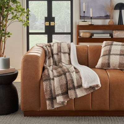 Mina Victory Faux Fur Plaid Sherpa Blanket, Brown | Ashley Homestore