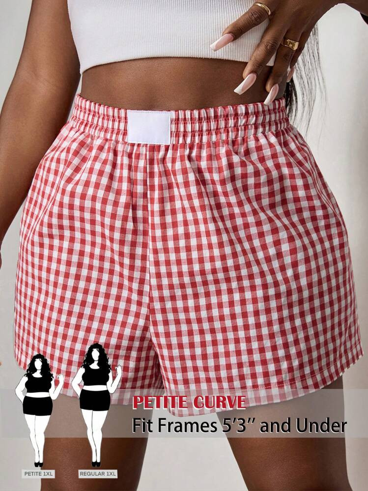 SHEIN PETITE CURVE Valentine's Day,Plus Size Women's Loose Check Pattern Elastic Waistband Shorts... | SHEIN