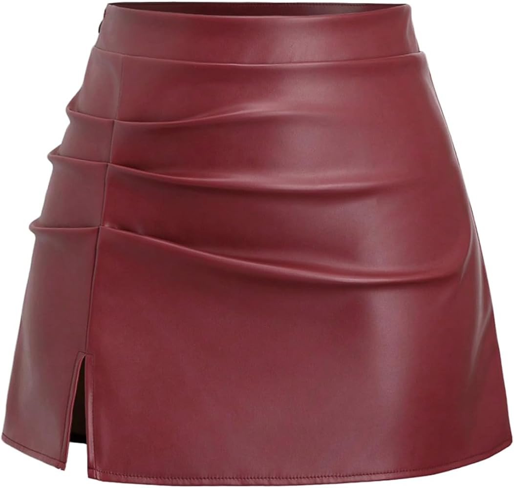 Floerns Women's PU Leather High Waist Mini Skirts Slit Hem Ruched A Line Skirt | Amazon (US)