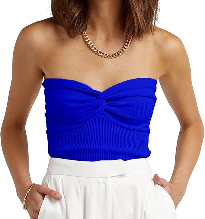 Womens Strapless Crop Top Sexy Sweetheart Neck Ribbed Knit Twisted Knot Front Sleeveless Y2K Cami... | Amazon (US)