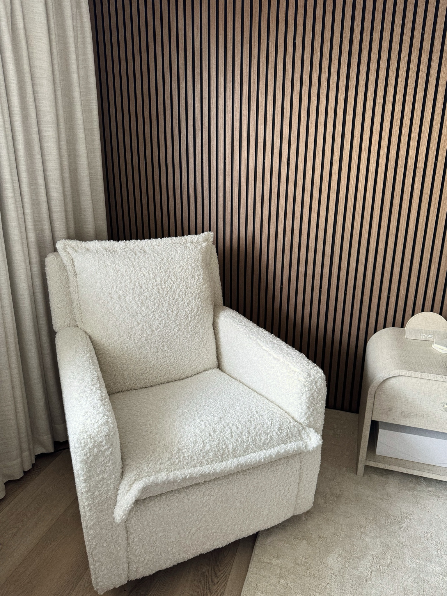 Nursery rocking / swivel chair!!  So excited about this gorgeous sheepskin cloud material!! It’s sooo soft and luxe!! Seriously the best nursing recliner!! 

What I ordered: gliding swivel nursery recliner in sheepskin cloud with motorized recline plus swivel plus round wood base 


Also info on curtains in bedroom: Curtains: Liz Linen drape pleated color: ivory white black out, not memory shaped. I also linked the rod used

#LTKBump #LTKBaby #LTKHome