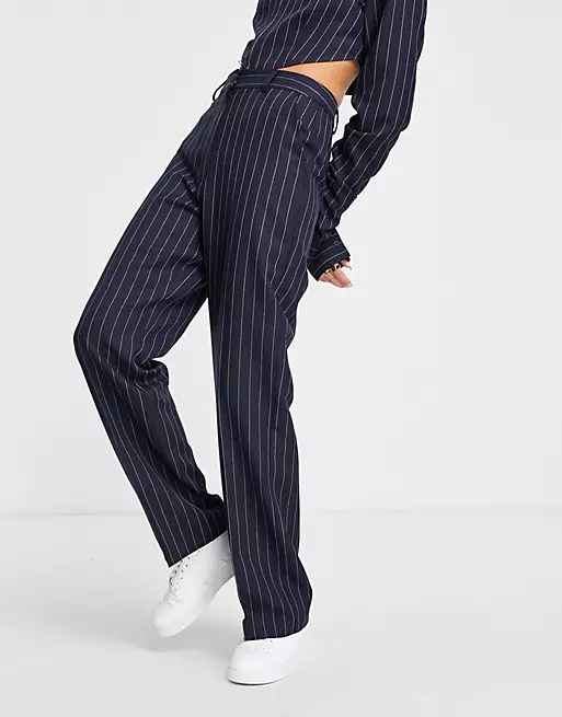 COLLUSION high waisted straight leg trousers in pinstripe with V waistband detail co-ord | ASOS (Global)