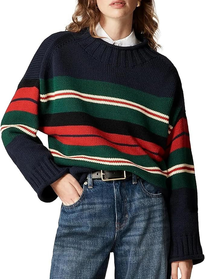Oversized Sweaters for Women Roll High Neck Hem Long Sleeve Soft Chunky Cable Knit Striped Pullov... | Amazon (US)