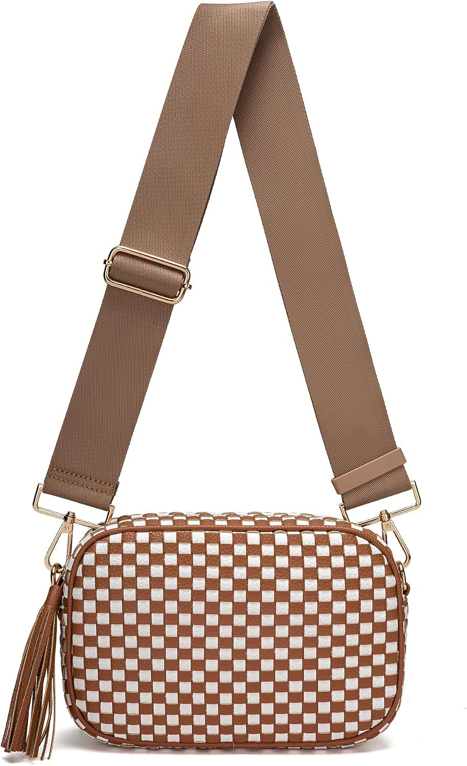 Small Woven Checkered Crossbody Bag for Womenl Cute Vegan Leather Purses Trendy Shoulder Handbags Wide Strap | Amazon (US)
