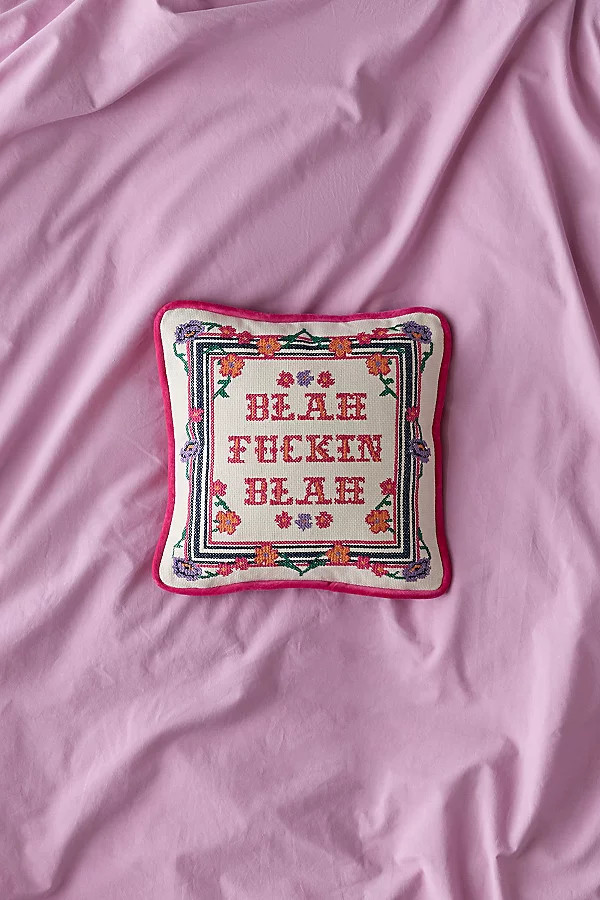 Blah Blah Cross Stitch Throw Pillow in Blah Blah at Urban Outfitters | Urban Outfitters (US and RoW)