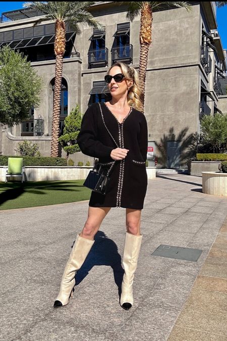 Black long sleeve mini sweater dress is super warm & has pockets. Run don’t walk to buy these cream suede black toe cap high heels boots which are on sale but only left in a size 6. Chanel sunglasses would make a great Christmas present.

#LTKunder50 #LTKSeasonal #LTKsalealert