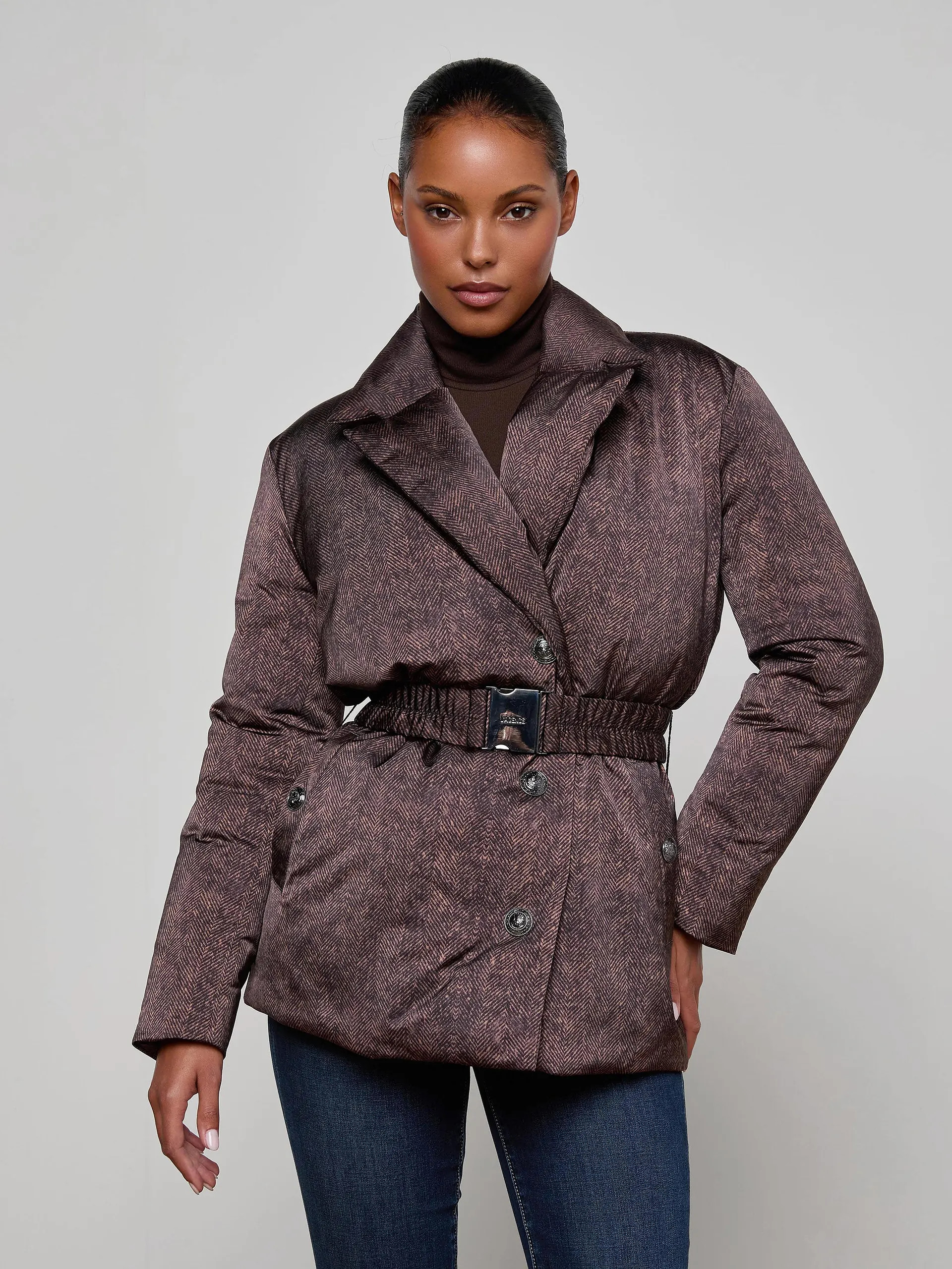 Willene Puffer Jacket in Brown Herringbone Print | L'AGENCE | L'Agence
