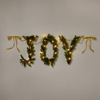 6' Pre-Lit Battery Operated Mixed Greenery 'Joy' Garland with Gold Ribbon - Wondersho... | Target