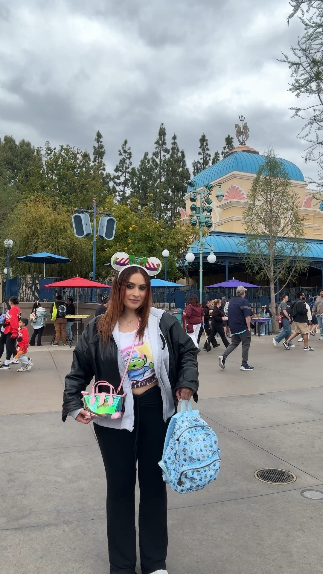 Backpack is Stoney Clover (can be found on secondhand apps)
Jacket is vintage 
Hoodie is from Disney Parks 
Pants are Princess polly (can’t find exact it’s Catarine set)