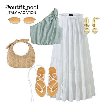 Italy vacation outfit, white skirt, green top, scrappy sandals, straw bag, European vacation outfit, summer outfits 

#LTKFindsUnder50 #LTKStyleTip #LTKTravel