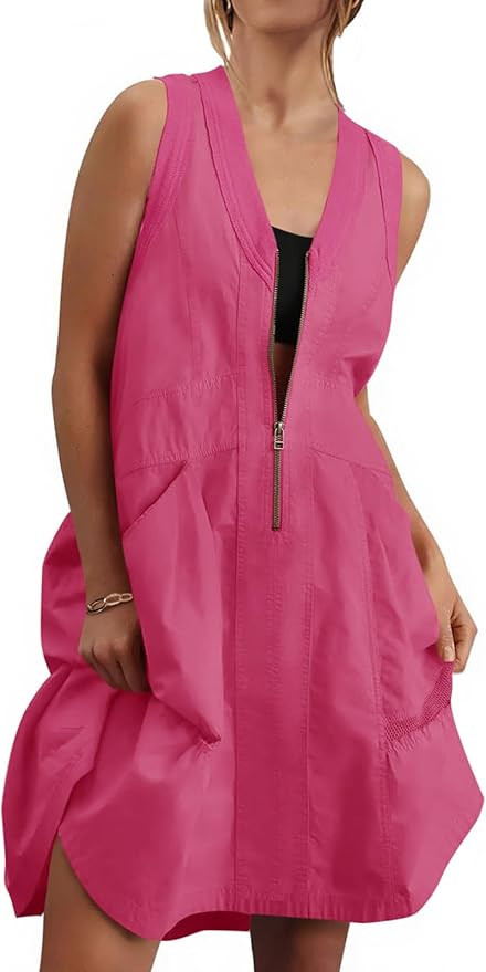 Fisoew Women's Sleeveless Tank Mini Dress Casual Half Zip V Neck Loose Mesh Back Utility Summer D... | Amazon (US)